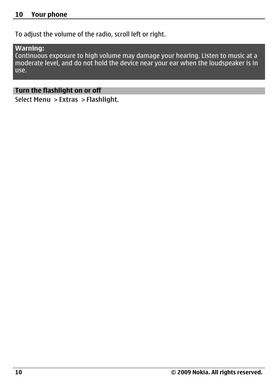 Turn the flashlight on or off | Nokia 1661 User Manual | Page 10 / 31