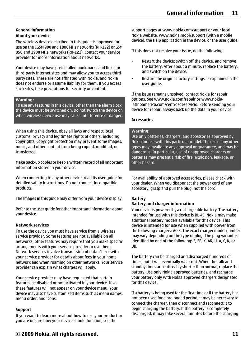 General information, Accessories, Battery | Battery and charger information, General information 11 | Nokia 1661 User Manual | Page 11 / 31