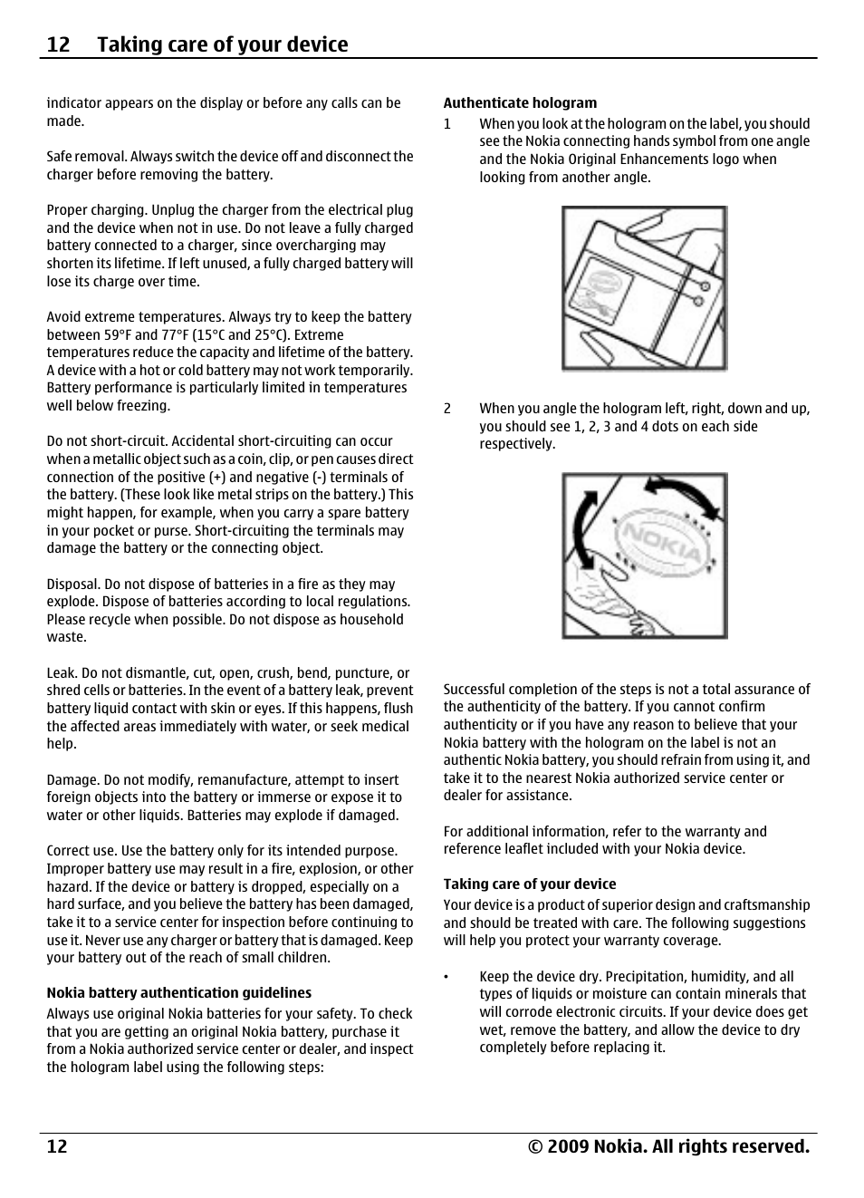 Nokia battery authentication guidelines, Authenticate hologram, Taking care of your device | Nokia battery authentication, Guidelines, 12 taking care of your device | Nokia 1661 User Manual | Page 12 / 31