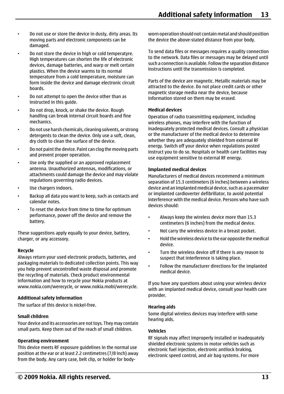 Recycle, Additional safety information, Small children | Operating environment, Medical devices, Implanted medical devices, Hearing aids, Vehicles, Additional safety information 13 | Nokia 1661 User Manual | Page 13 / 31