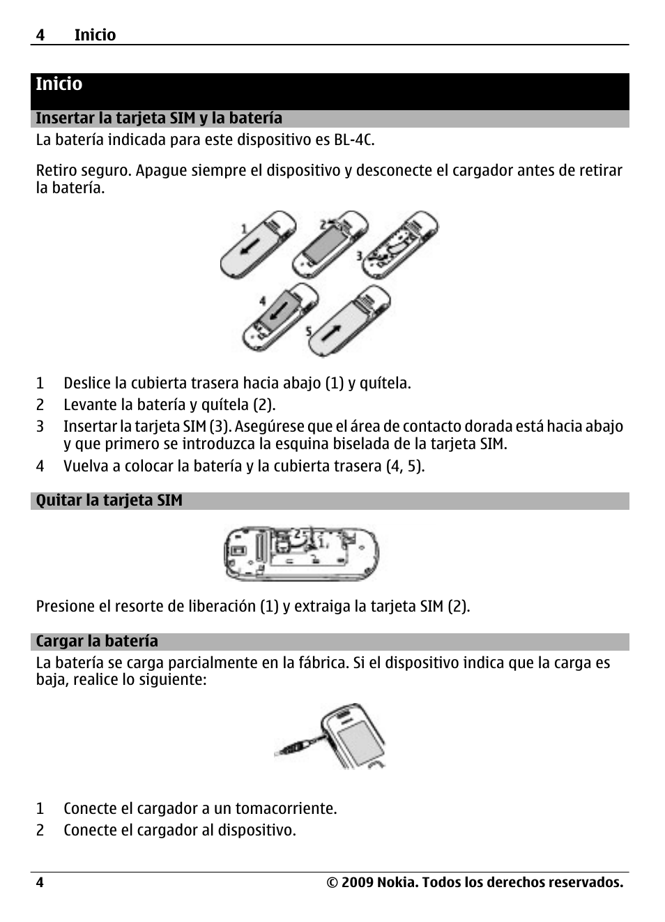 Inicio, Insertar la tarjeta sim y la batería, Quitar la tarjeta sim | Cargar la batería | Nokia 1661 User Manual | Page 19 / 31