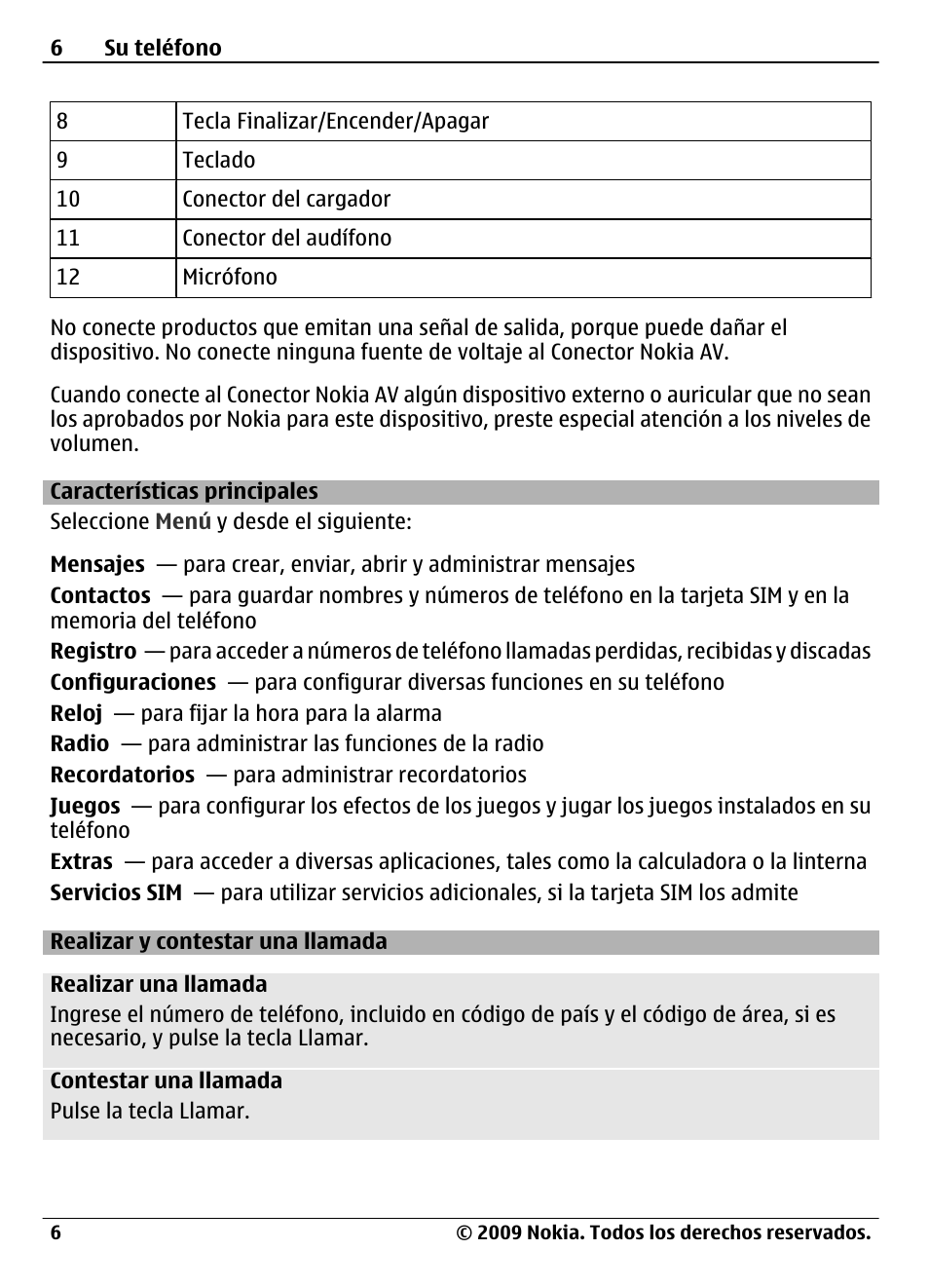 Características principales, Realizar y contestar una llamada | Nokia 1661 User Manual | Page 21 / 31