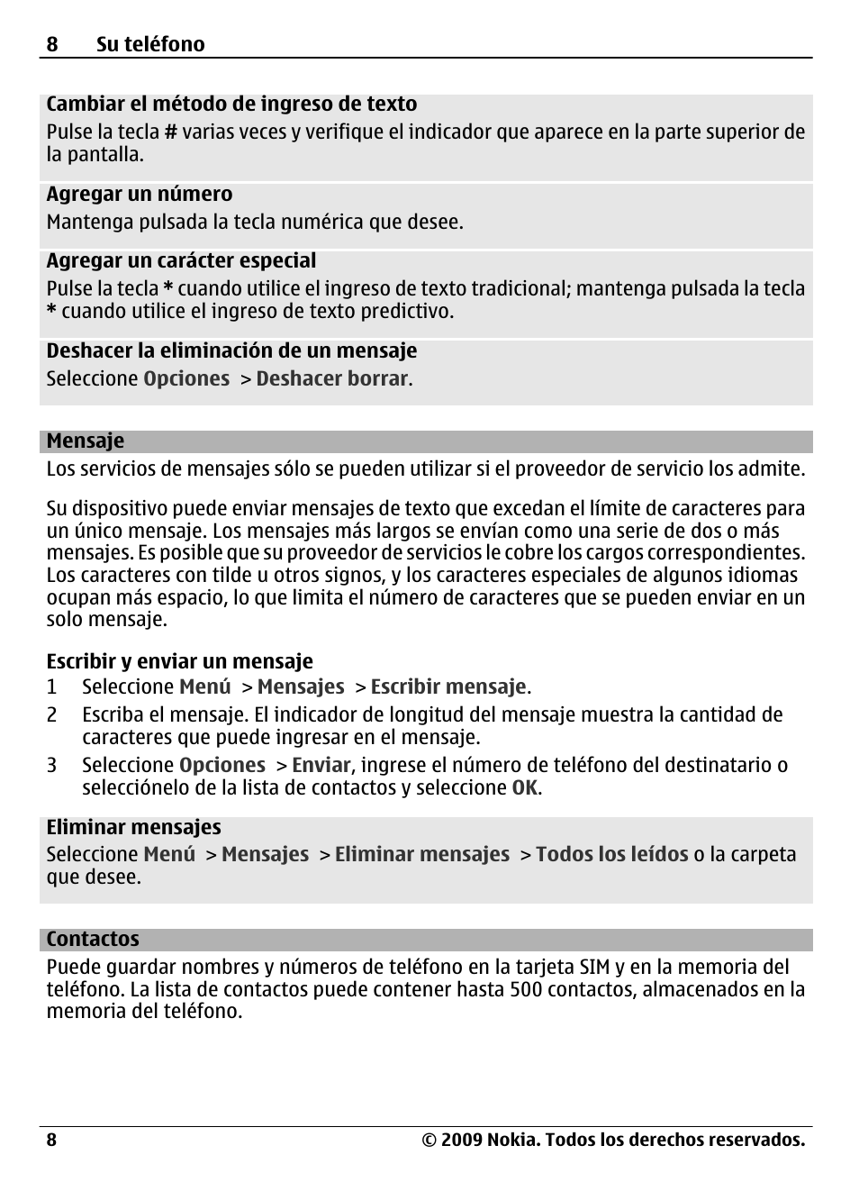 Mensaje, Contactos | Nokia 1661 User Manual | Page 23 / 31