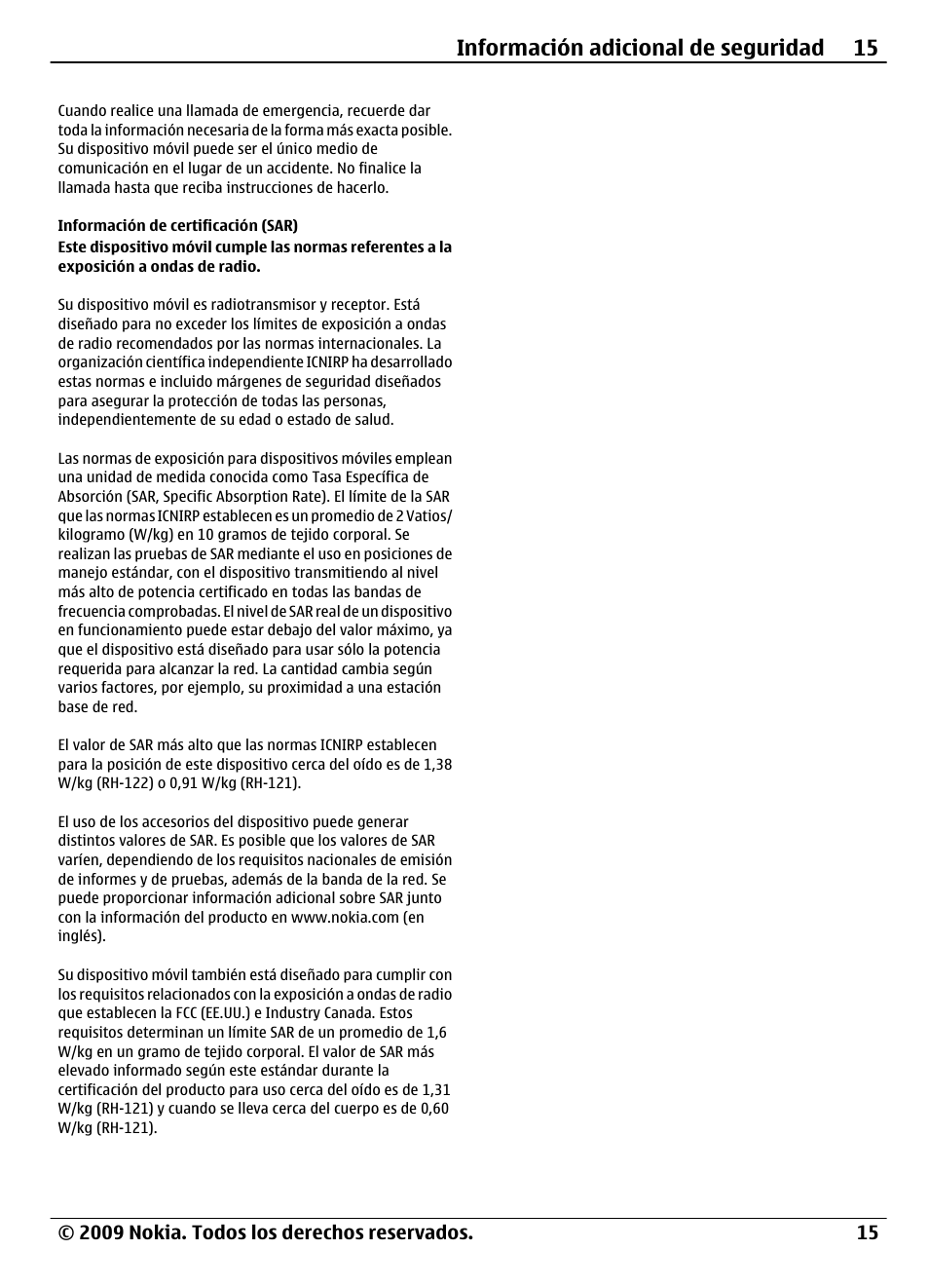 Información de certificación (sar), Información adicional de seguridad 15 | Nokia 1661 User Manual | Page 30 / 31
