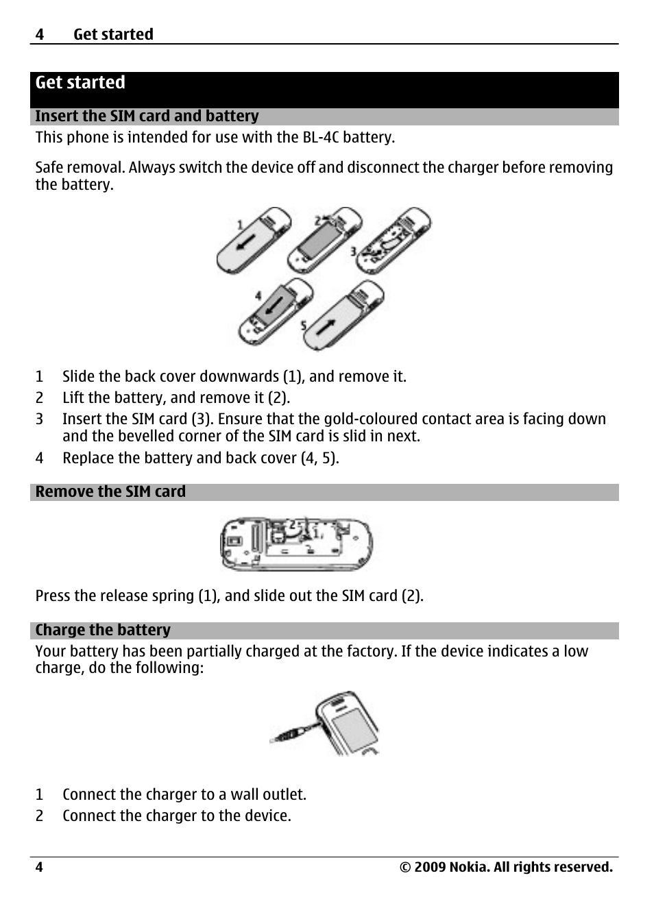 Get started, Insert the sim card and battery, Remove the sim card | Charge the battery | Nokia 1661 User Manual | Page 4 / 31