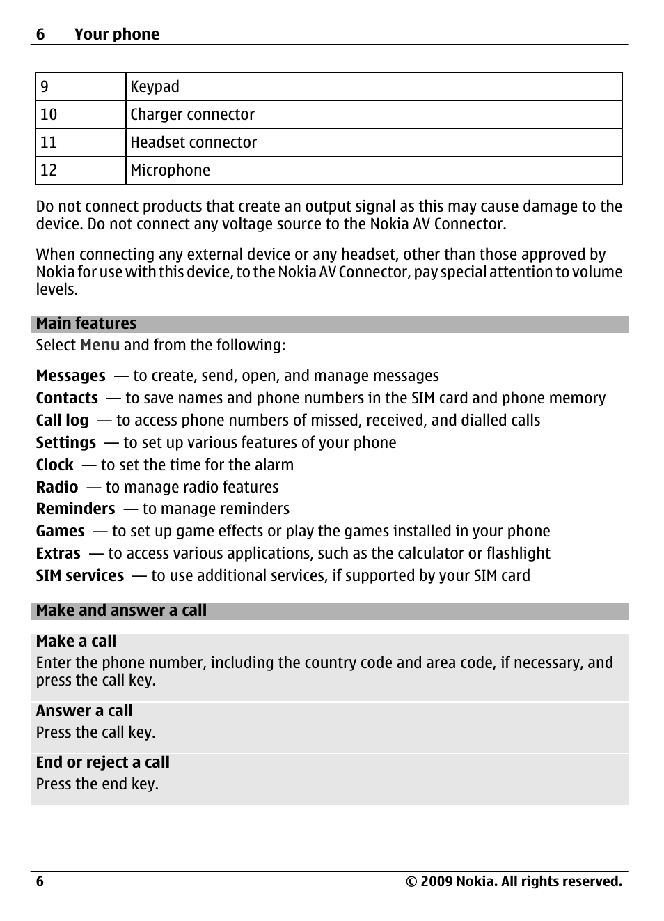 Main features, Make and answer a call | Nokia 1661 User Manual | Page 6 / 31