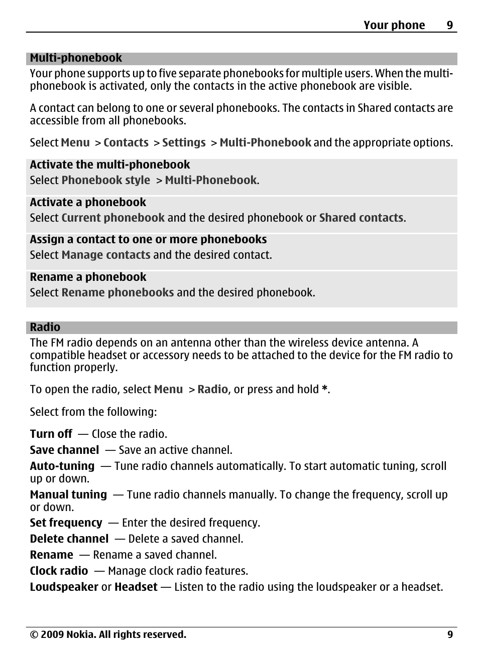 Multi-phonebook, Radio | Nokia 1661 User Manual | Page 9 / 31