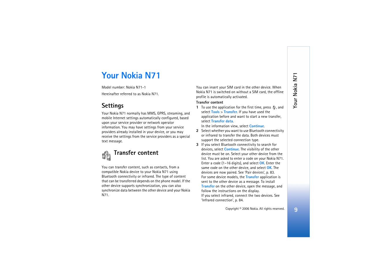 Your nokia n71, Settings, Transfer content | Settings transfer content | Nokia N71 User Manual | Page 10 / 115