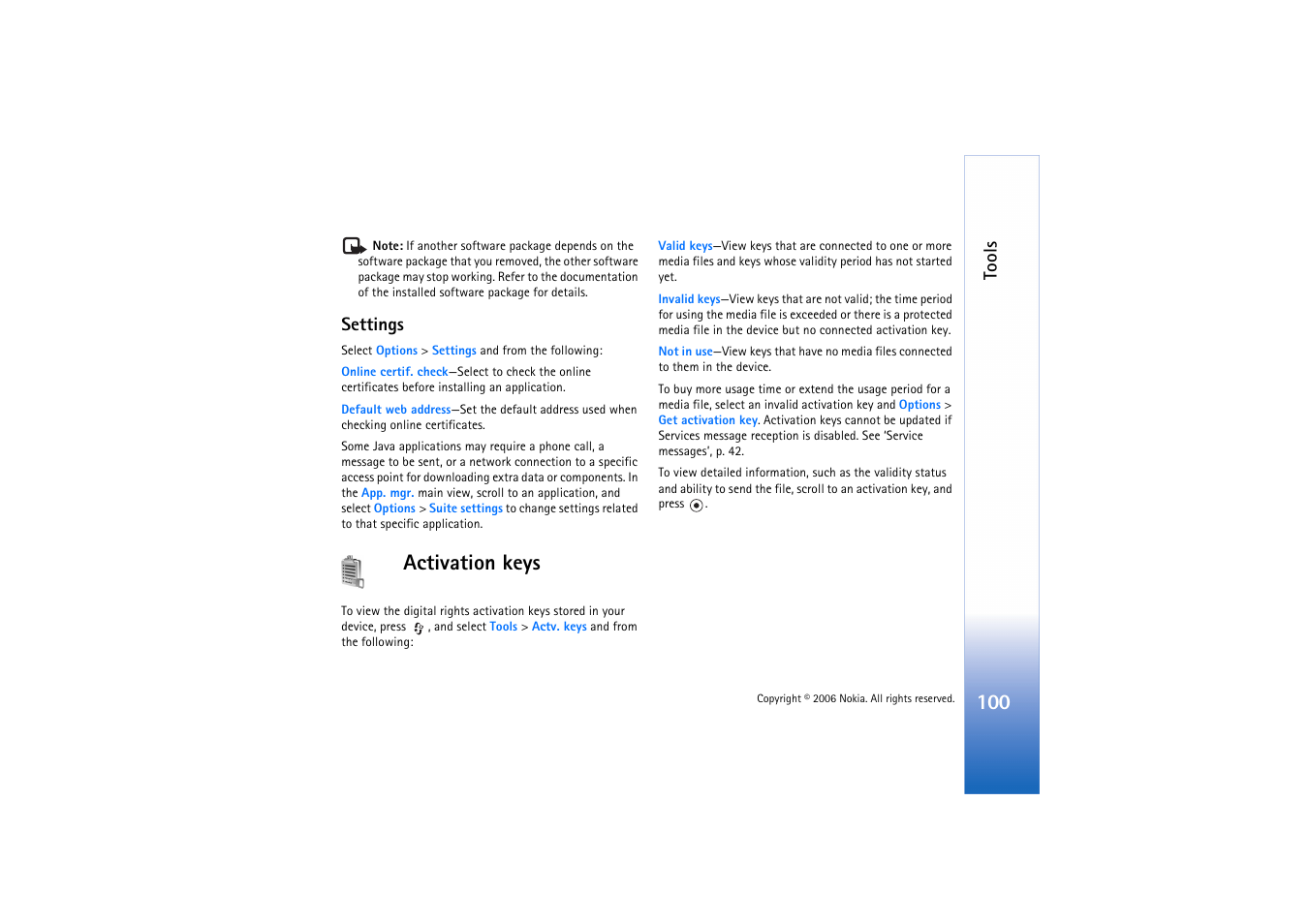 Settings, Activation keys, Tools | Nokia N71 User Manual | Page 101 / 115