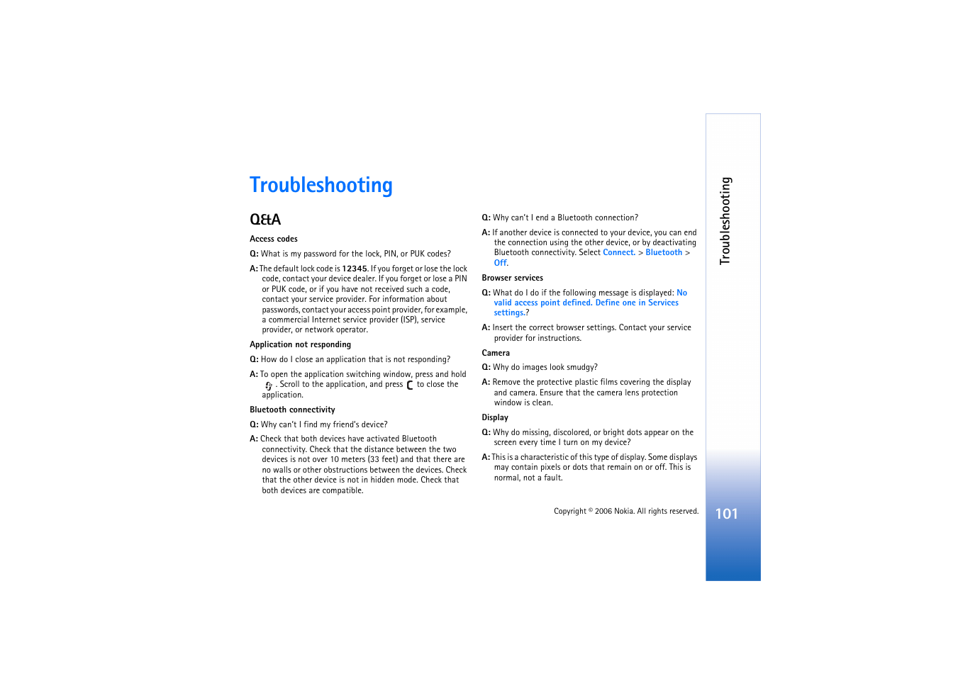 Troubleshooting | Nokia N71 User Manual | Page 102 / 115