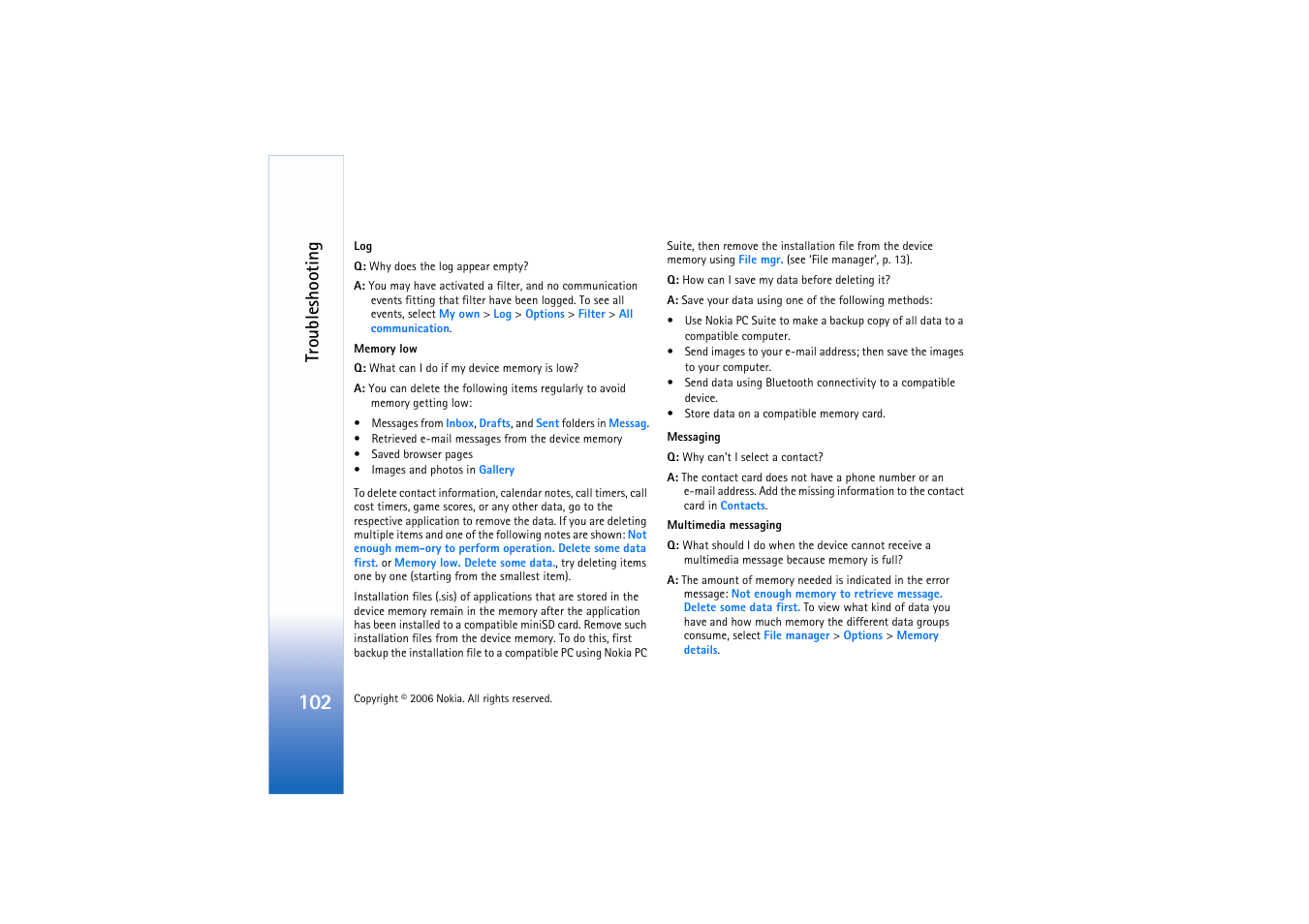 Troubleshooting | Nokia N71 User Manual | Page 103 / 115