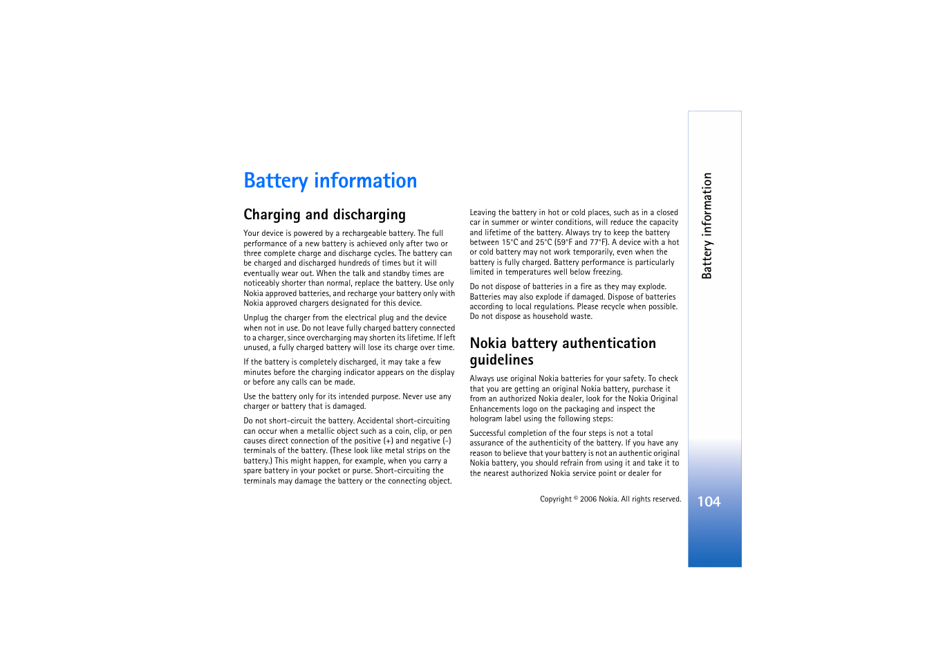 Battery information, Charging and discharging, Nokia battery authentication guidelines | Nokia N71 User Manual | Page 105 / 115