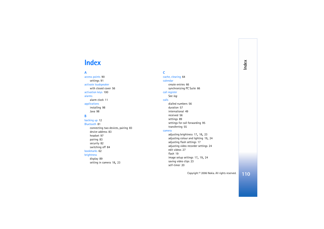 Index | Nokia N71 User Manual | Page 111 / 115