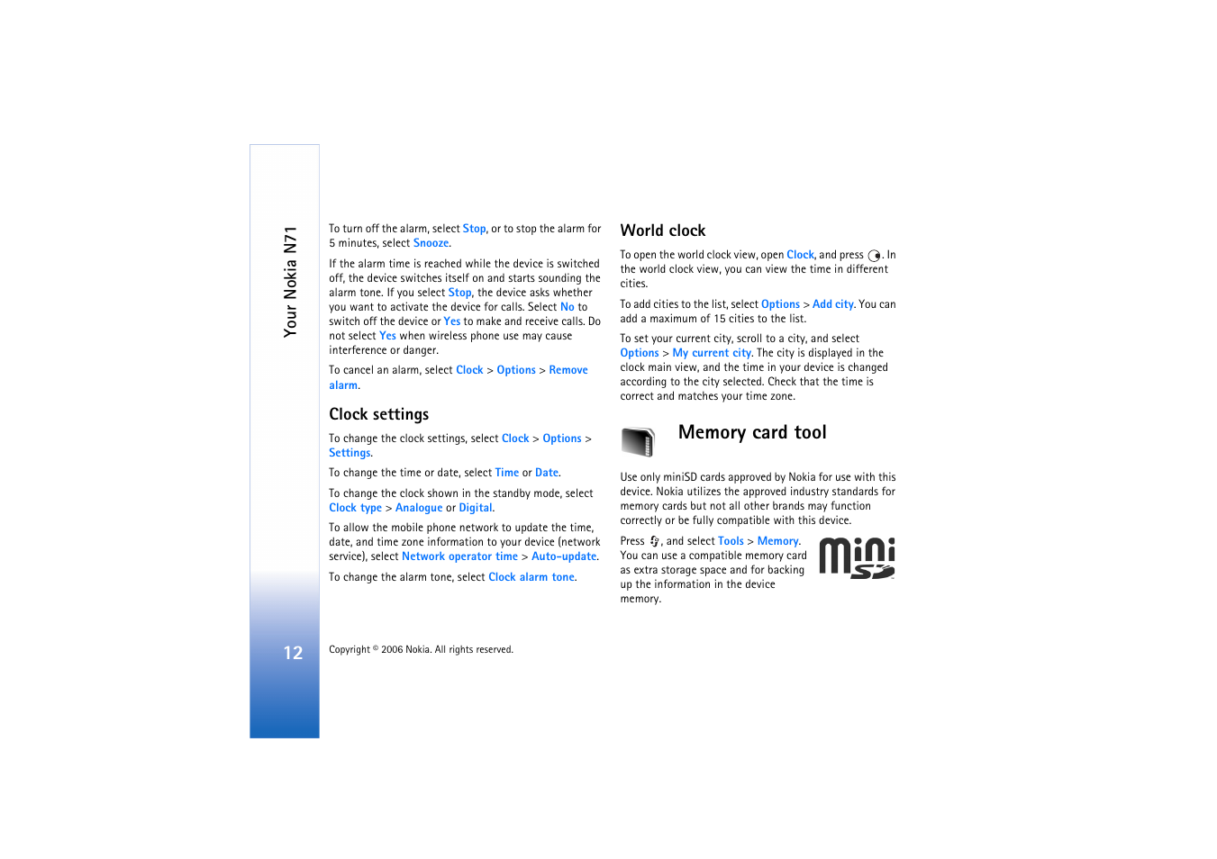 Clock settings, World clock, Memory card tool | Your nokia n71 | Nokia N71 User Manual | Page 13 / 115