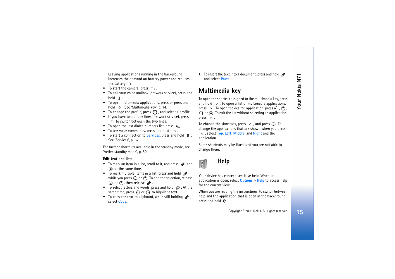 Multimedia key, Help, Multimedia key help | Your nokia n71 | Nokia N71 User Manual | Page 16 / 115