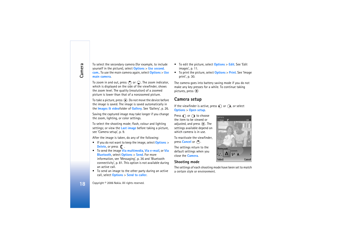 Camera setup, Camera | Nokia N71 User Manual | Page 19 / 115