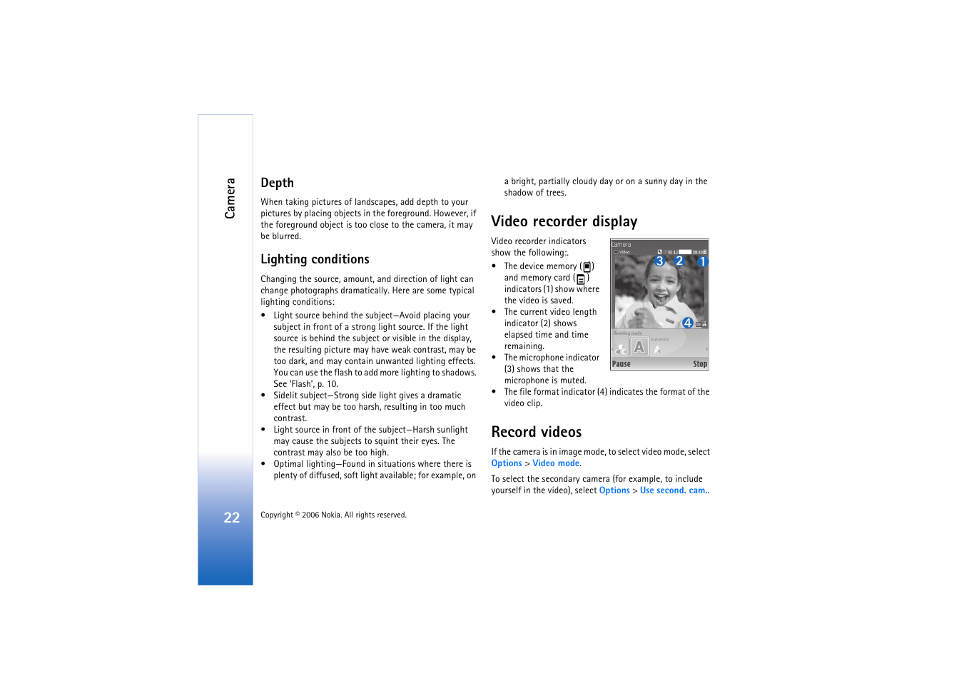 Depth, Lighting conditions, Video recorder display | Record videos, Video recorder display record videos | Nokia N71 User Manual | Page 23 / 115