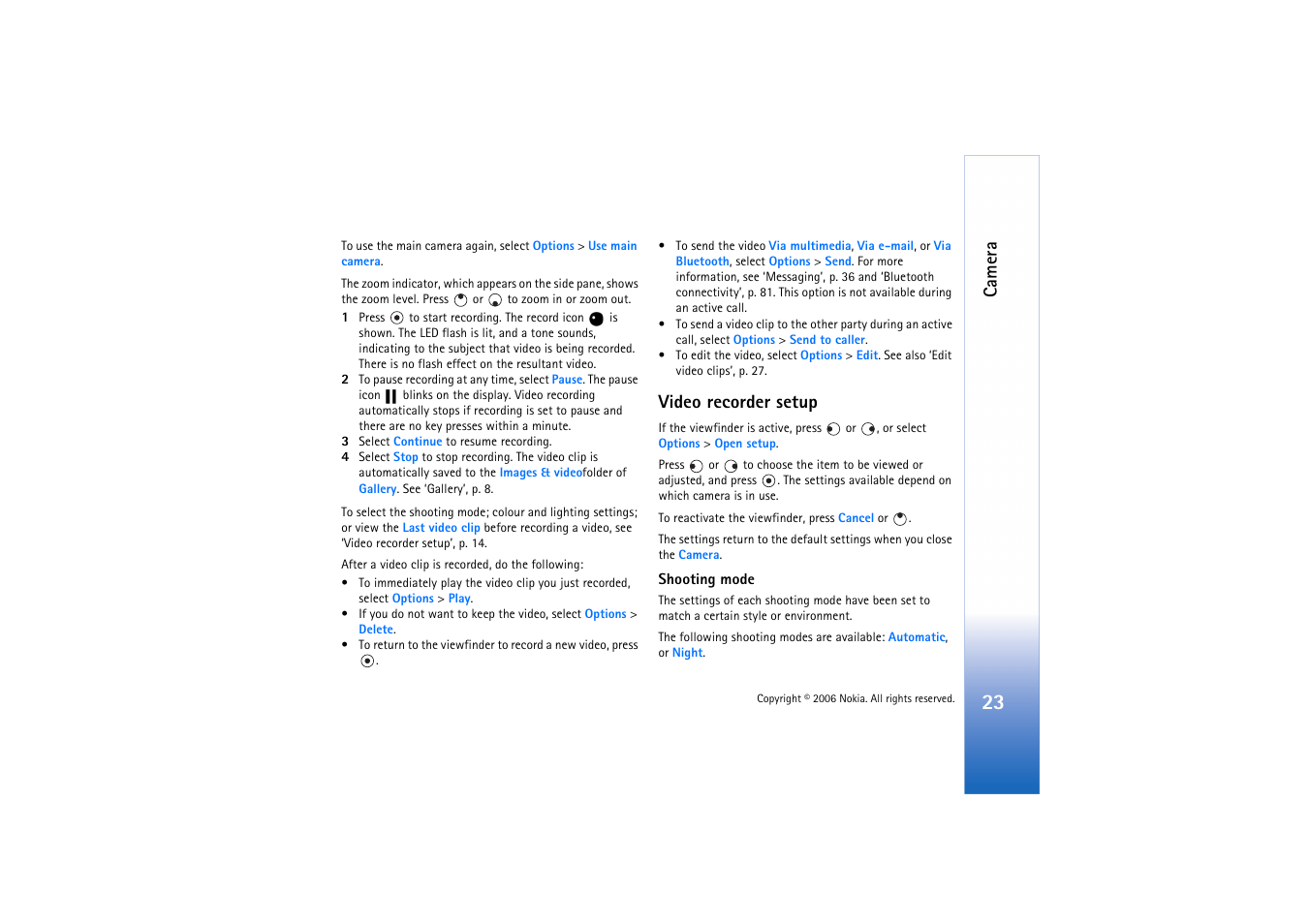 Video recorder setup, Camera | Nokia N71 User Manual | Page 24 / 115