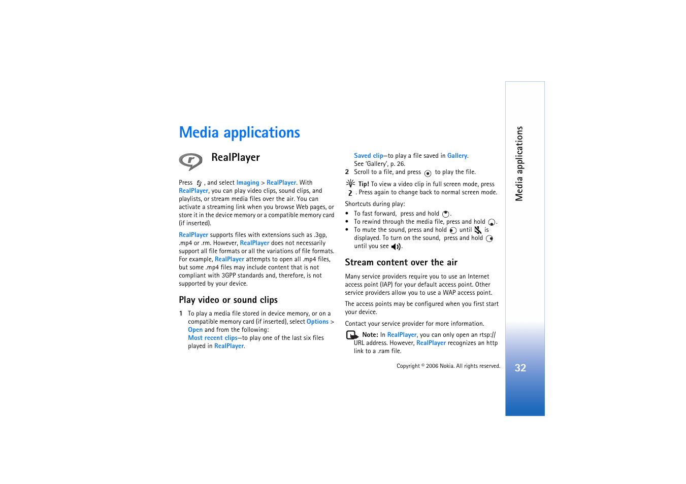 Media applications, Realplayer, Play video or sound clips | Stream content over the air, Realplayer’, p. 32 | Nokia N71 User Manual | Page 33 / 115