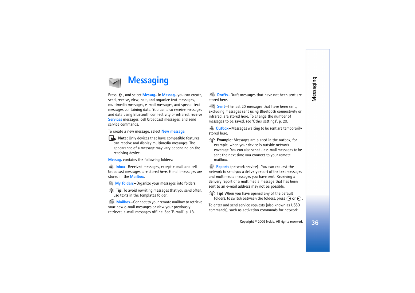 Messaging, Ation, see ‘messaging’, p. 36 and, E ‘messaging’, p. 36 and ‘bluetoot | Nokia N71 User Manual | Page 37 / 115