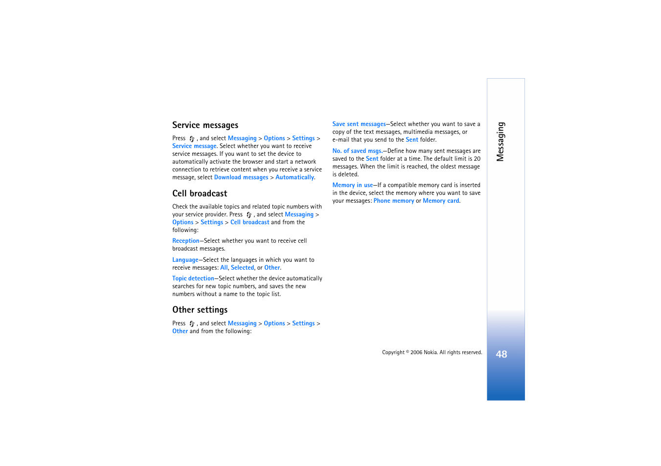 Service messages, Cell broadcast, Other | Messaging, Other settings | Nokia N71 User Manual | Page 49 / 115