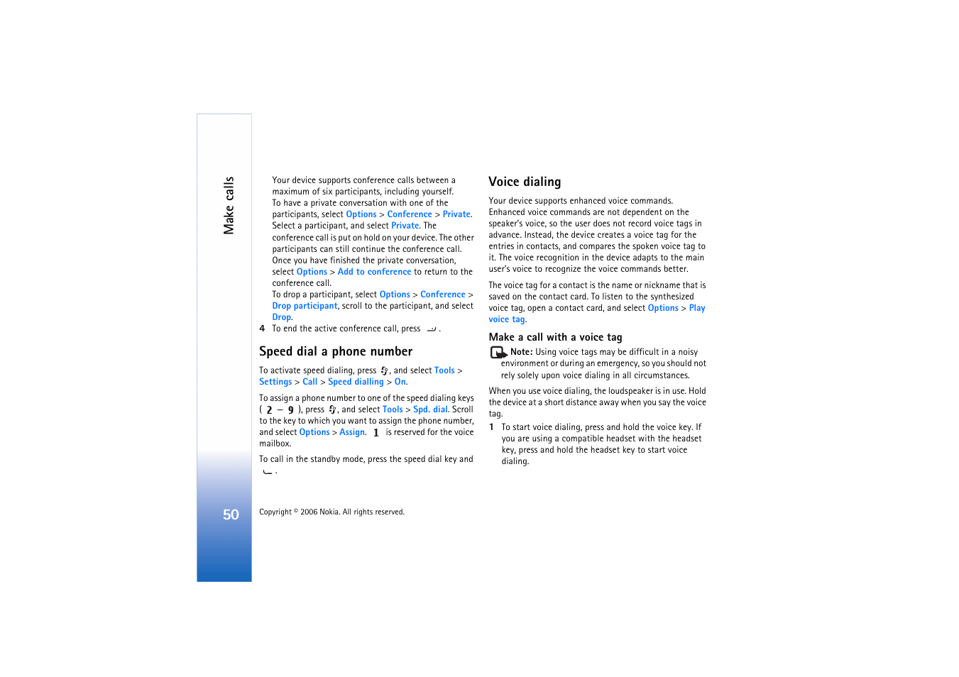 Speed dial a phone number, Voice dialing, Make calls | Nokia N71 User Manual | Page 51 / 115