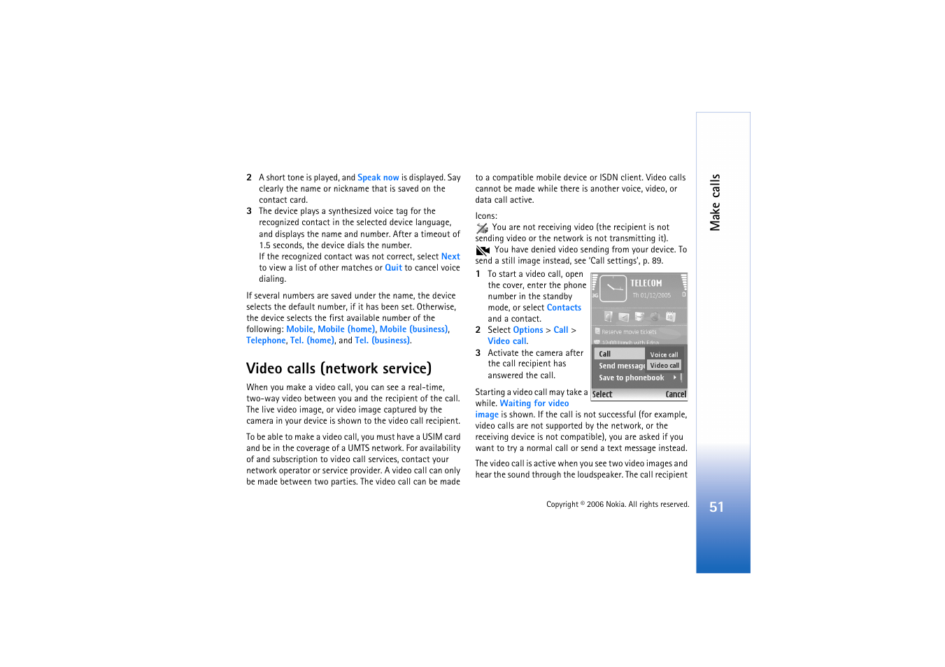 Video calls (network service), Make calls | Nokia N71 User Manual | Page 52 / 115