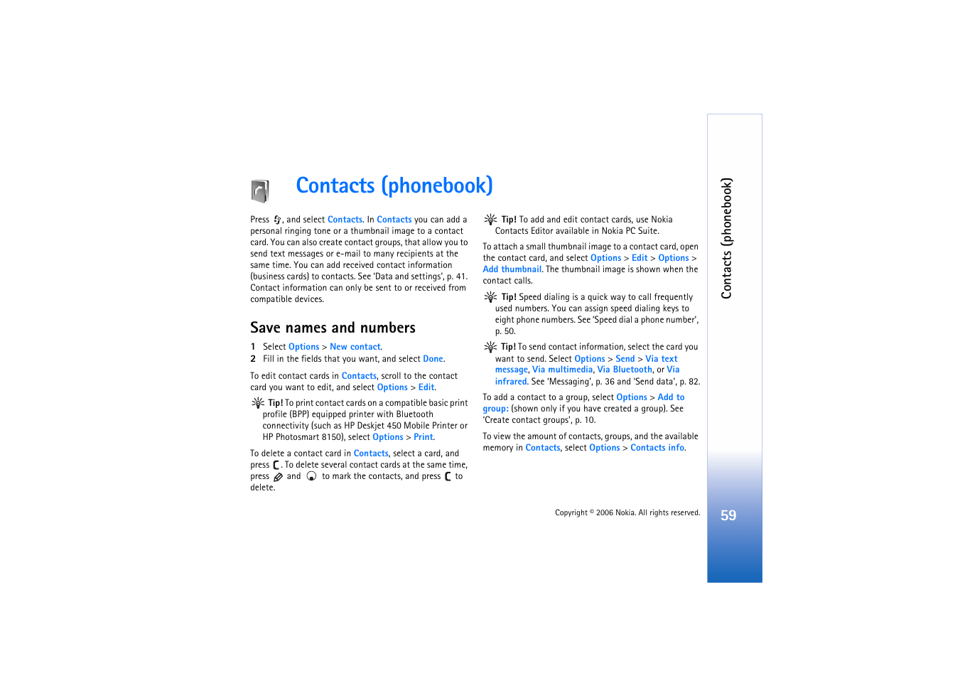 Contacts (phonebook), Save names and numbers, Save names and numbers’, p. 59 | Nokia N71 User Manual | Page 60 / 115