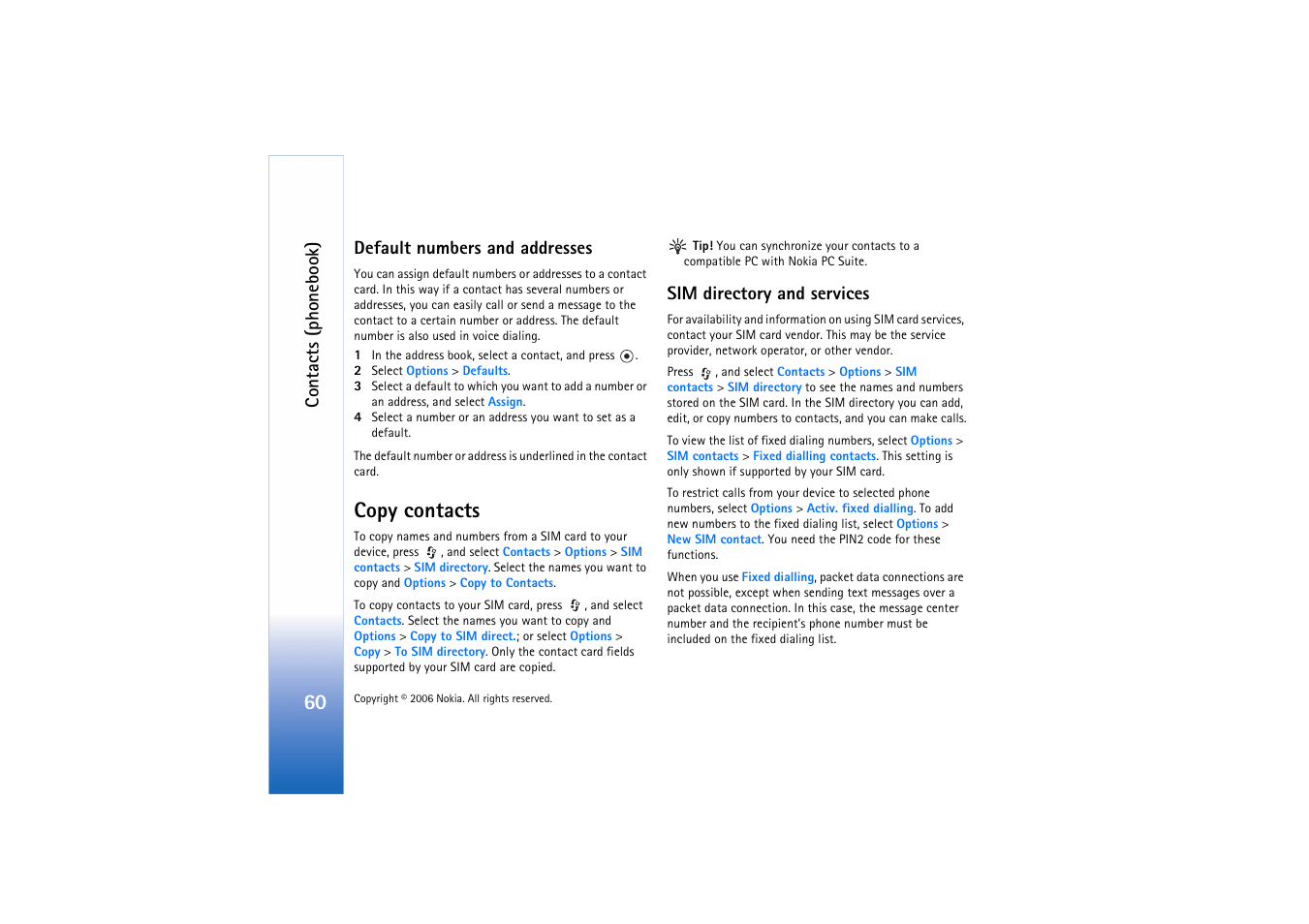 Default numbers and addresses, Copy contacts, Sim directory | Contacts (phonebook), Sim directory and services | Nokia N71 User Manual | Page 61 / 115