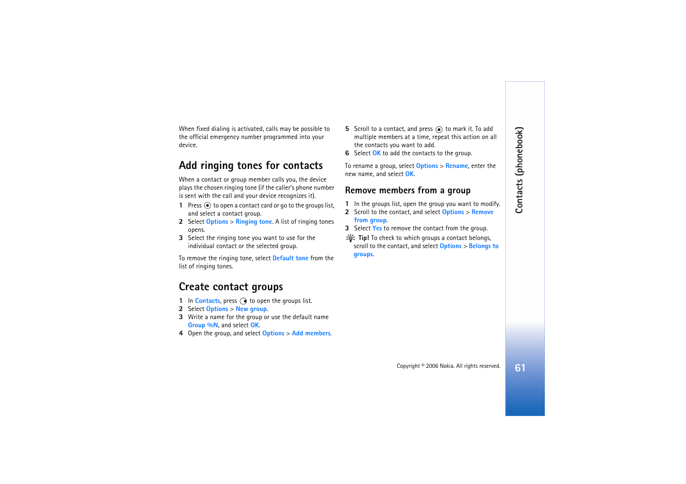 Add ringing tones for contacts, Create contact groups, Remove members from a group | Create contact groups’, p. 10, Contacts (phonebook) | Nokia N71 User Manual | Page 62 / 115