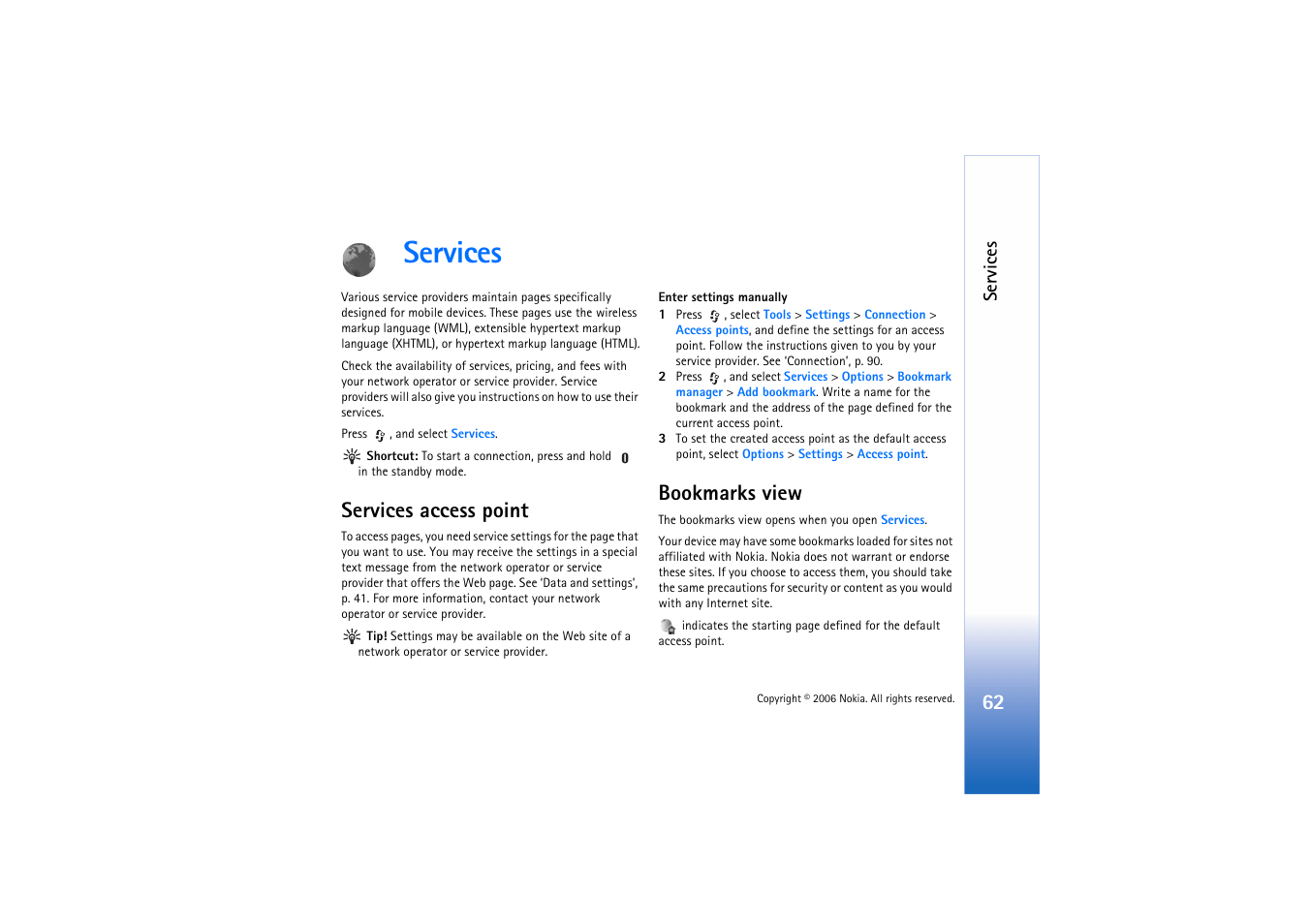 Services, Services access point, Bookmarks view | Services access point bookmarks view, See ‘services’, p | Nokia N71 User Manual | Page 63 / 115