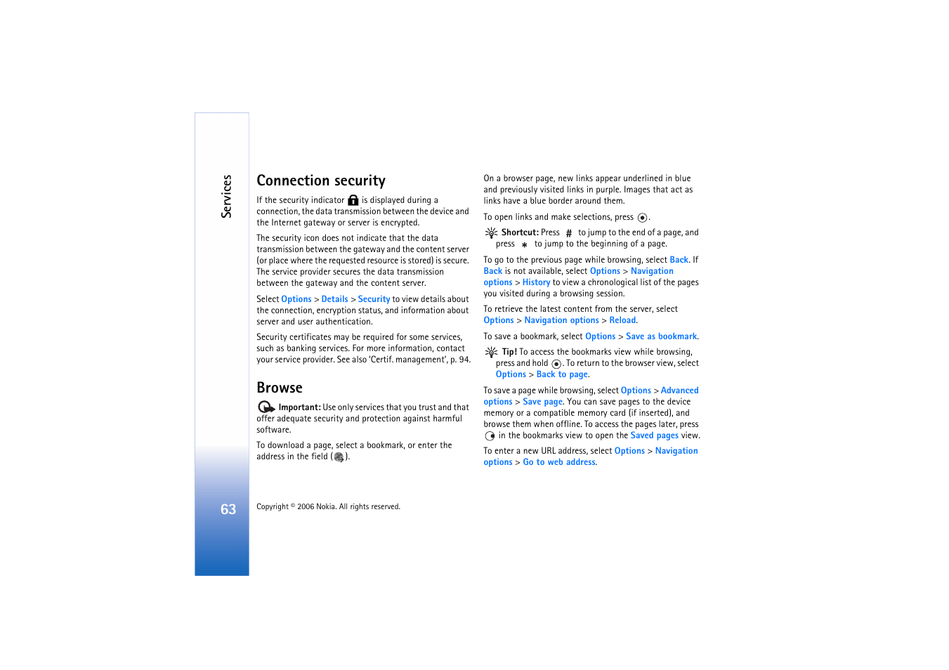 Connection security, Browse, Connection security browse | Services | Nokia N71 User Manual | Page 64 / 115