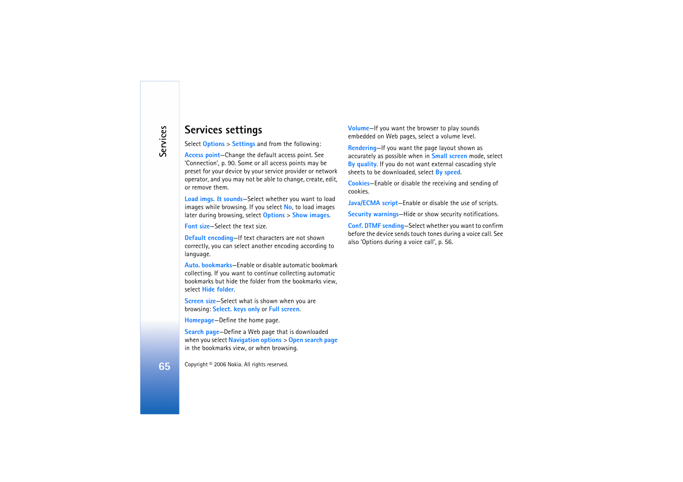 Services settings, Services | Nokia N71 User Manual | Page 66 / 115