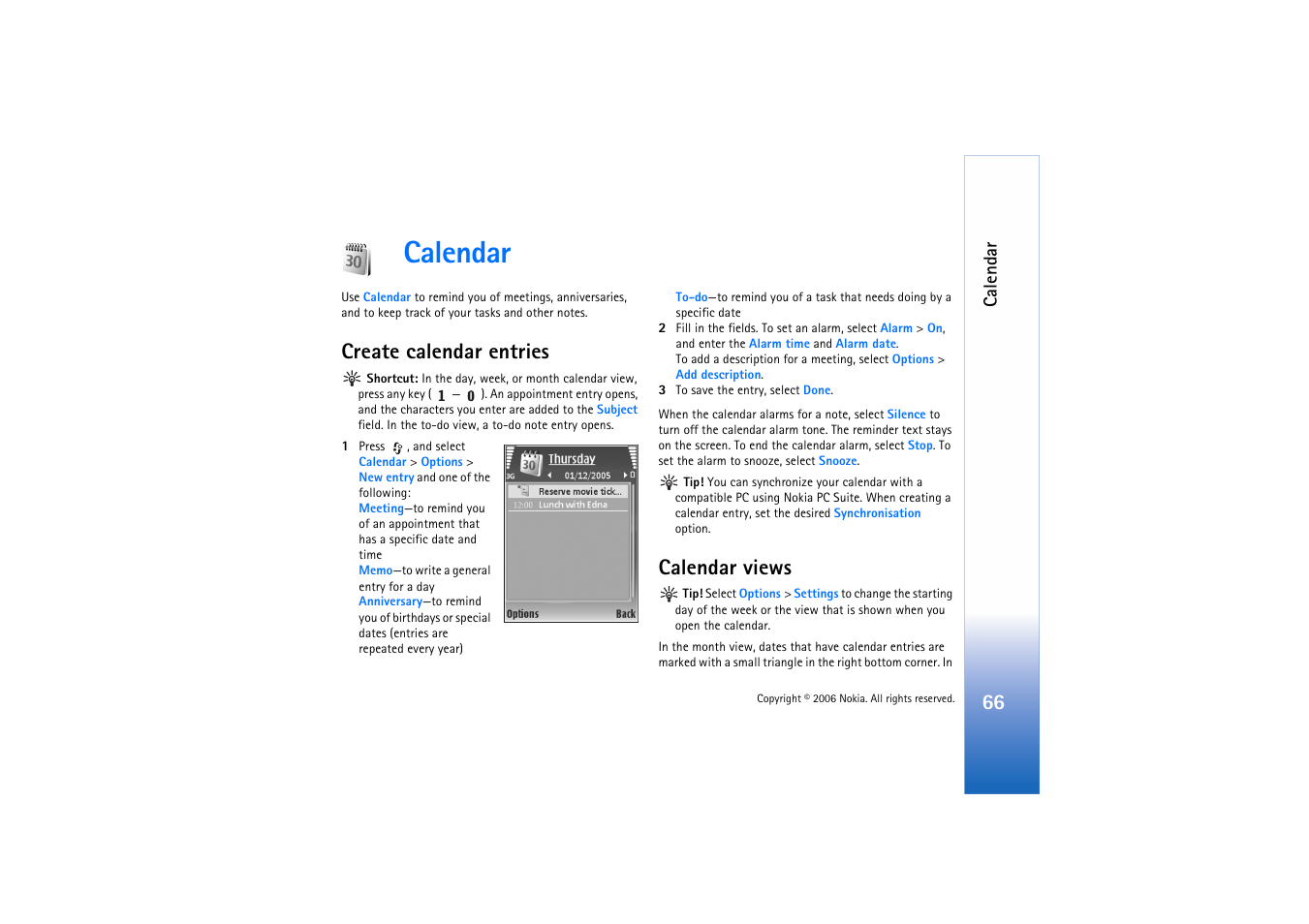 Calendar, Create calendar entries, Calendar views | Create calendar entries calendar views | Nokia N71 User Manual | Page 67 / 115
