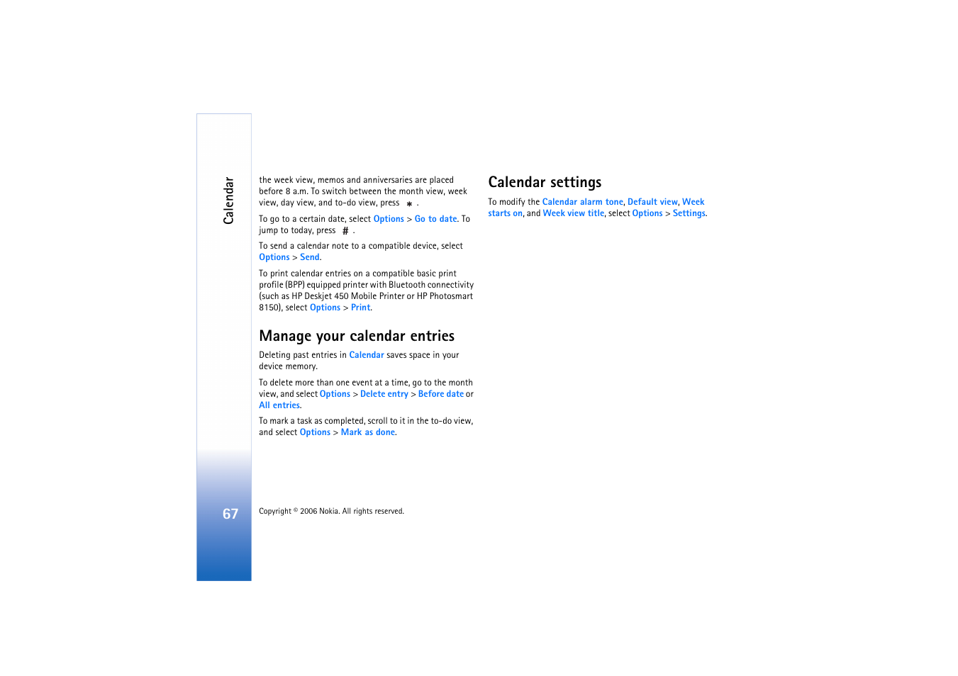 Manage your calendar entries, Calendar settings, Manage your calendar entries calendar settings | Calendar | Nokia N71 User Manual | Page 68 / 115