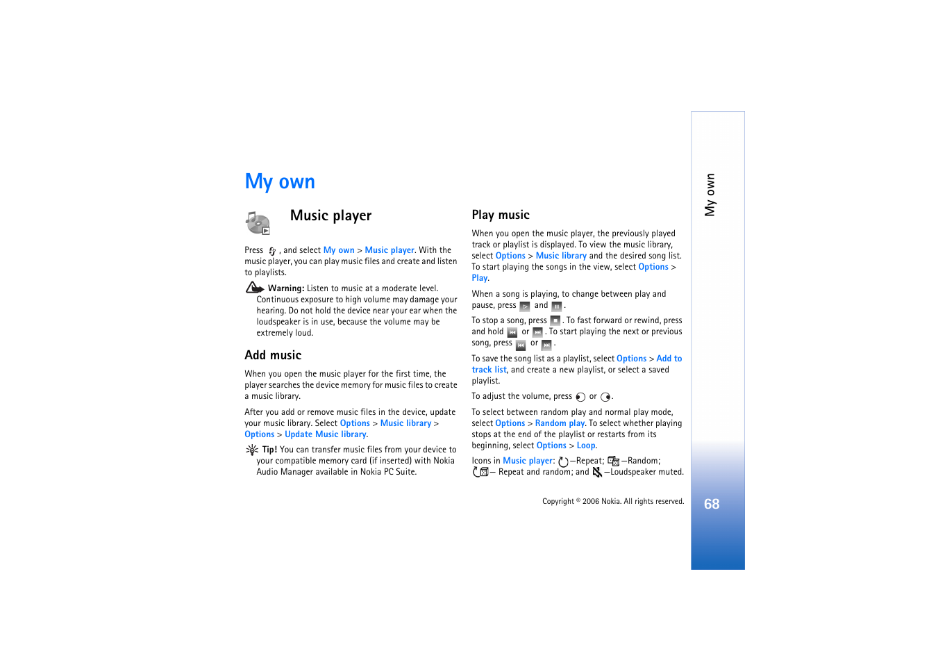 My own, Music player, Add music | Play music, Music player’, p. 68 | Nokia N71 User Manual | Page 69 / 115