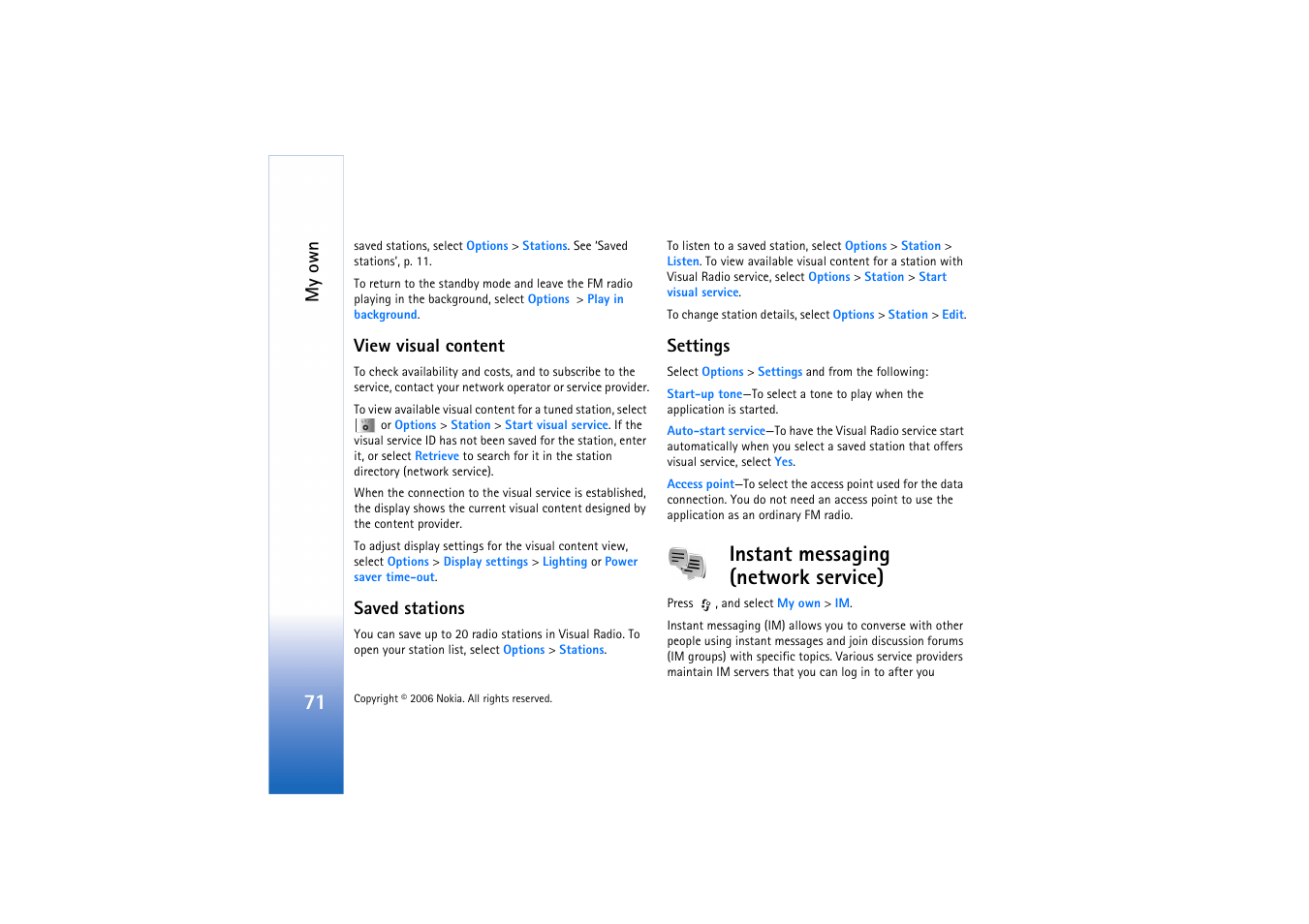 View visual content, Saved stations, Settings | Instant messaging (network service), My own | Nokia N71 User Manual | Page 72 / 115