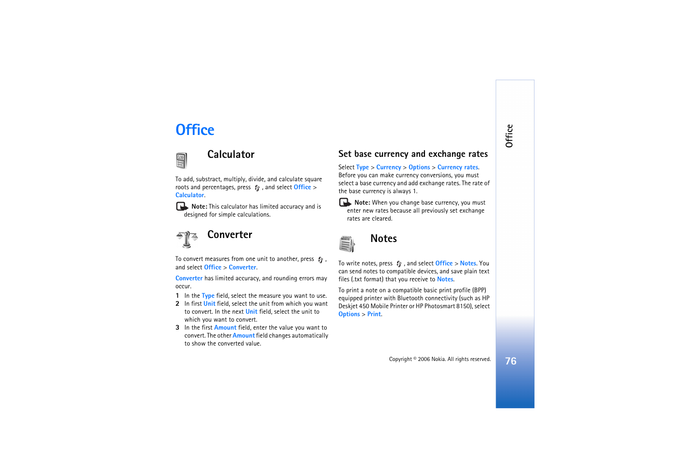 Office, Calculator, Converter | Set base currency and exchange rates, Notes, Calculator converter notes | Nokia N71 User Manual | Page 77 / 115