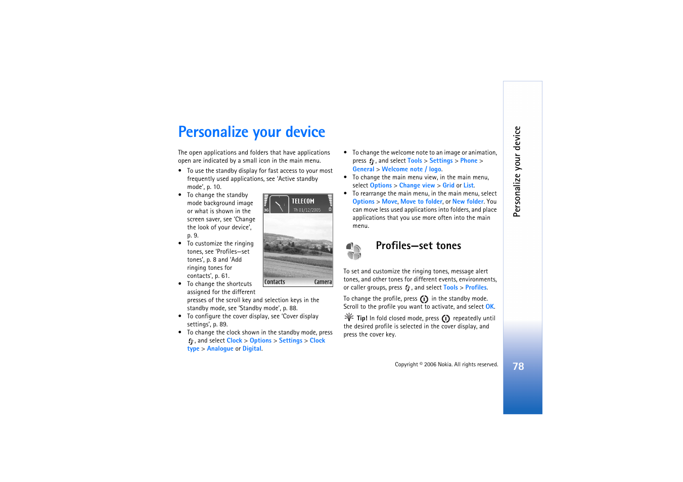 Personalize your device, Profiles, Profiles—set tones | See ‘profiles—set tones, P. 78 | Nokia N71 User Manual | Page 79 / 115