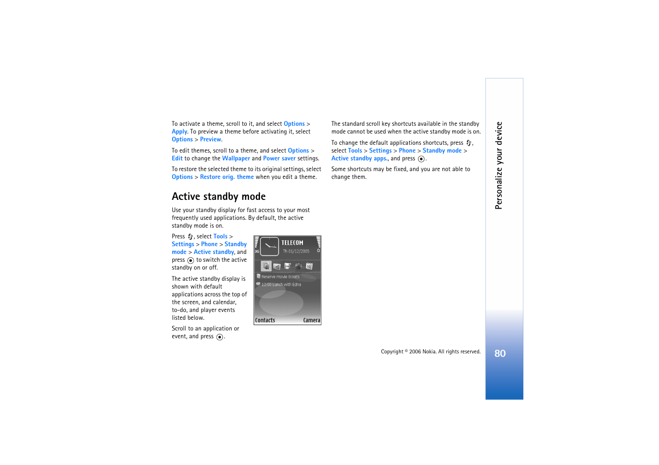 Active standby, Active standby mode, Active standby mode’, p. 80 | E ‘active standby mode’, p. 10, Personalize your device | Nokia N71 User Manual | Page 81 / 115