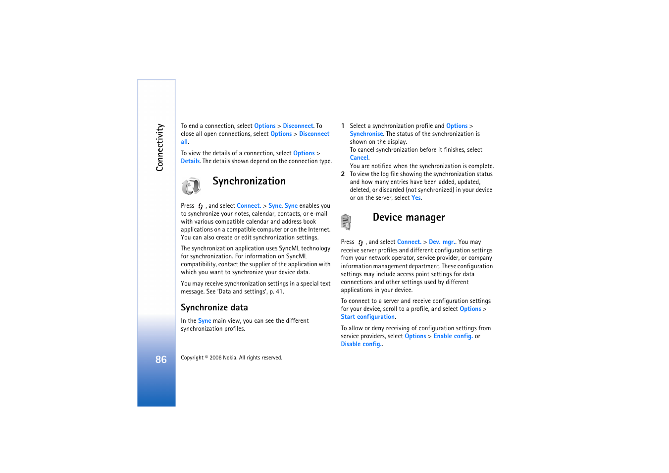 Synchronization, Synchronize data, Device manager | Synchronization device manager, Connectivity | Nokia N71 User Manual | Page 87 / 115