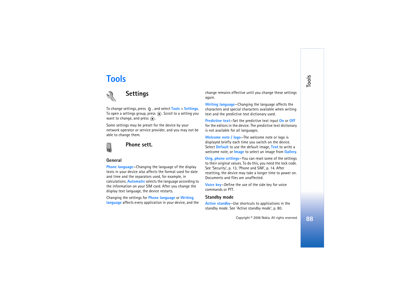 Tools, Settings, Phone sett | Standby mode, see ‘standby mode | Nokia N71 User Manual | Page 89 / 115