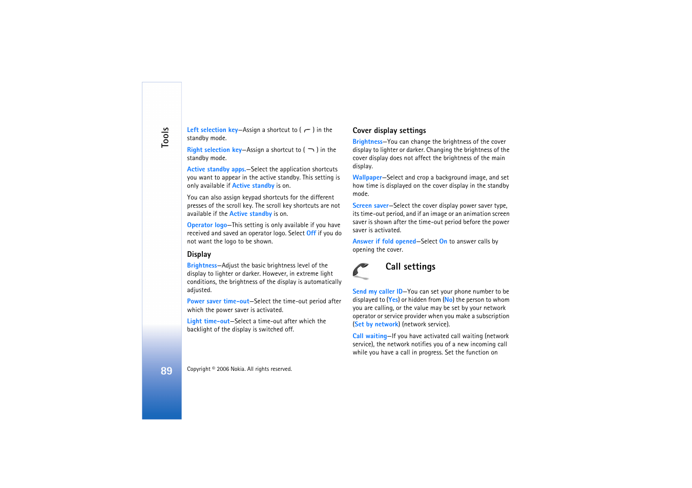 Call settings, Tomatically. see ‘cover display settings’, p. 89, Text message, see ‘call settings’, p. 89 | Call settings’, p. 89, Cover display, Settings’, p. 89, Tools | Nokia N71 User Manual | Page 90 / 115