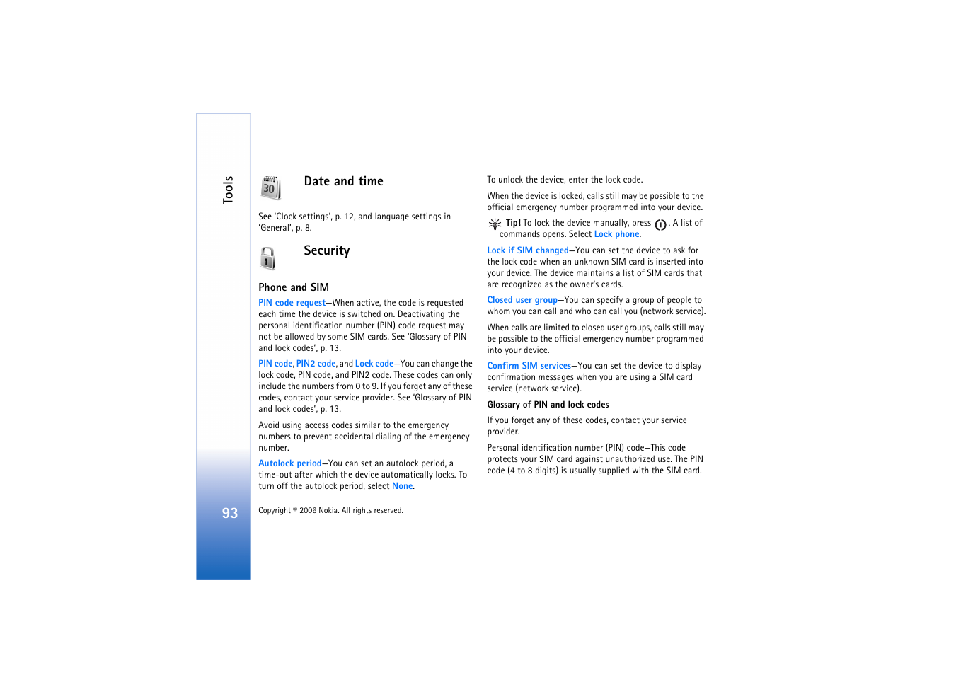 Date and time, Security, E ‘security’, p. 13, ‘phone and sim’, p | Tools | Nokia N71 User Manual | Page 94 / 115