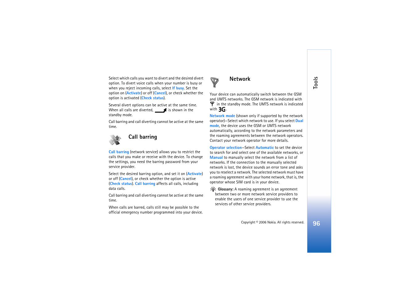 Call barring, Network, Tools | Nokia N71 User Manual | Page 97 / 115