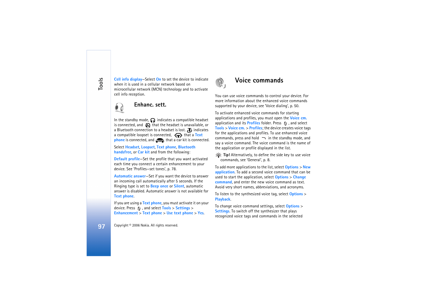 Enhanc. sett, Voice commands, Tools | Nokia N71 User Manual | Page 98 / 115