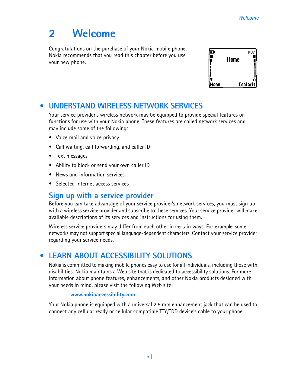2 welcome, Understand wireless network services, Learn about accessibility solutions | Welcome, 2welcome, Sign up with a service provider | Nokia 3586I User Manual | Page 10 / 103