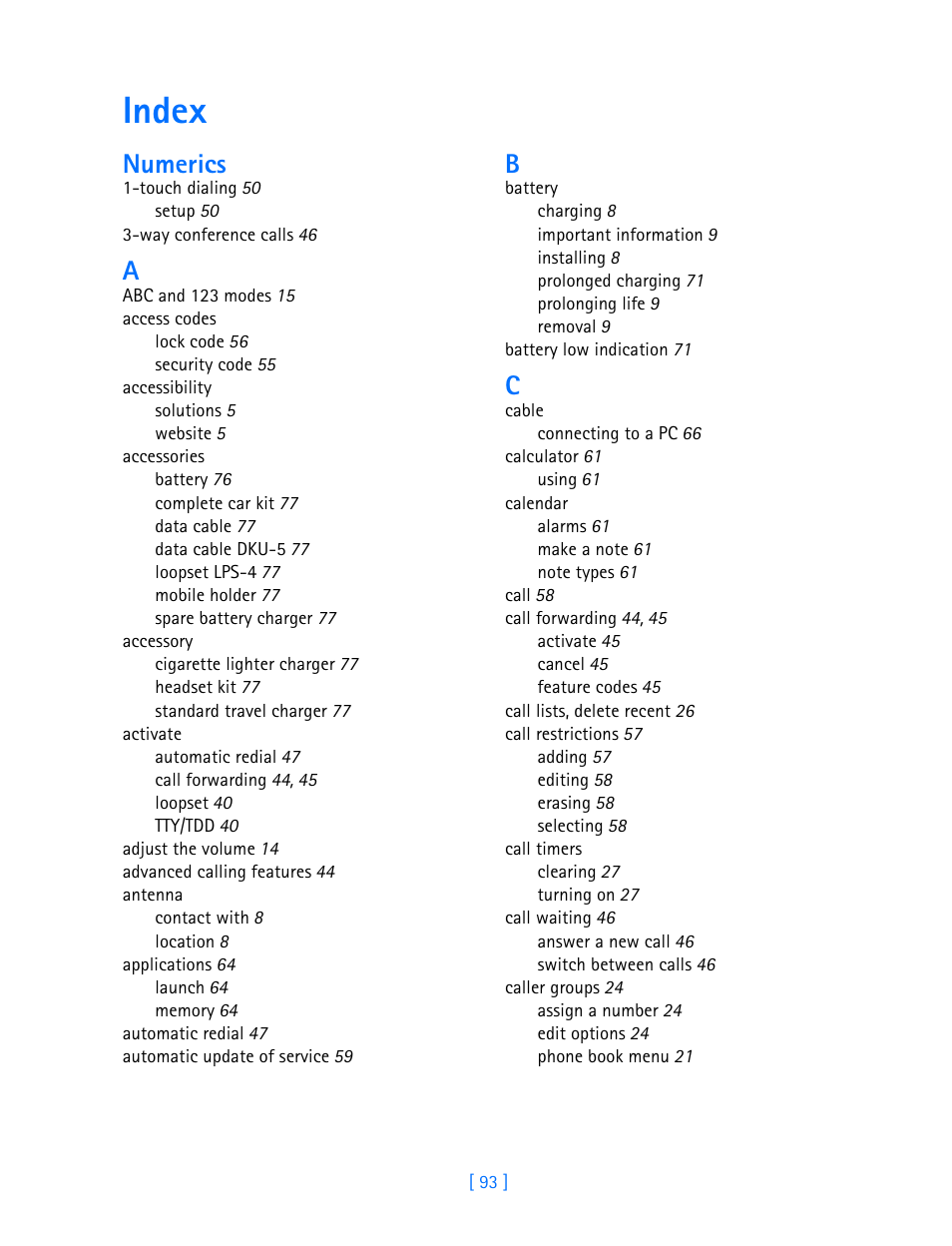 Index, Numerics | Nokia 3586I User Manual | Page 100 / 103