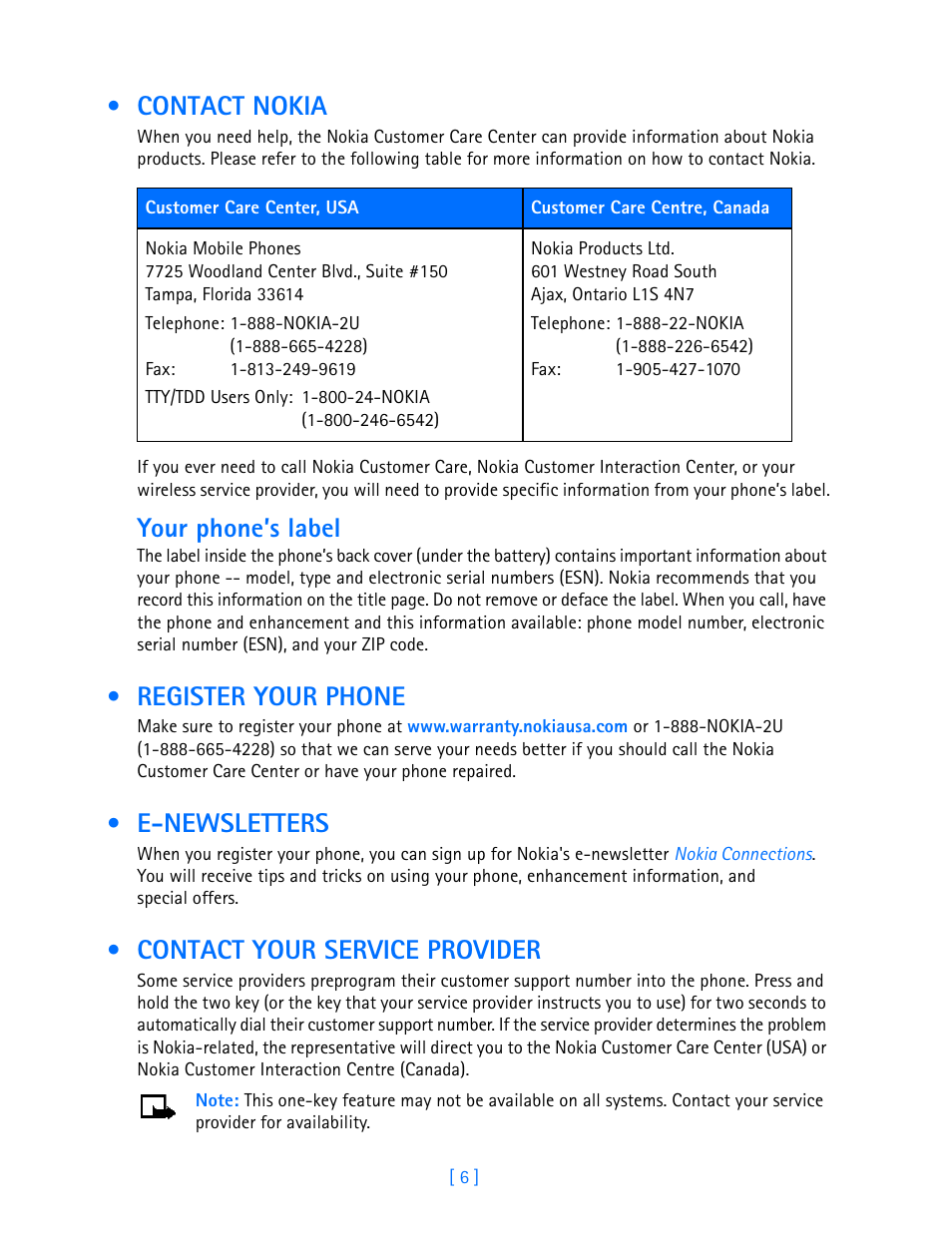 Contact nokia, Register your phone, E-newsletters | Contact your service provider, Your phone’s label | Nokia 3586I User Manual | Page 11 / 103