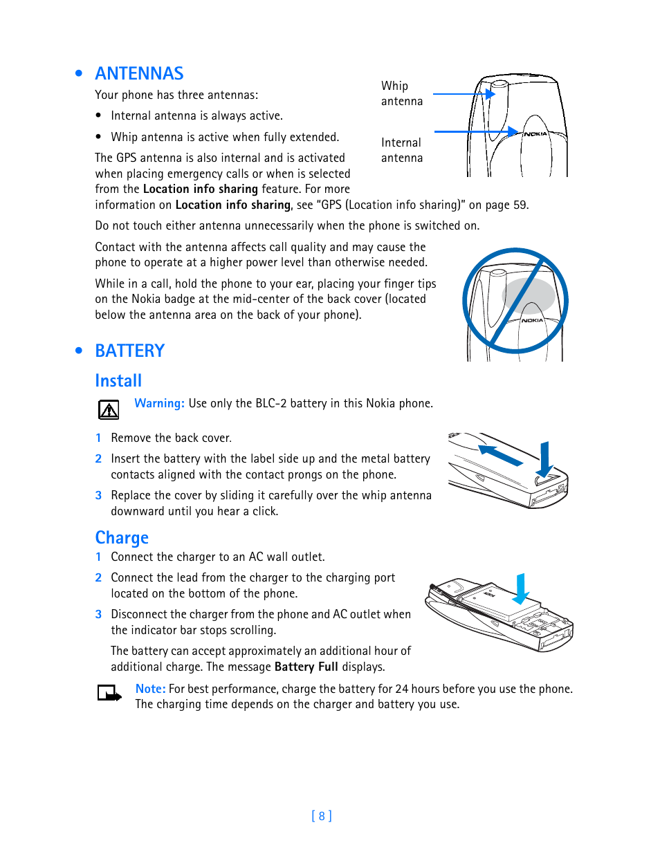 Antennas, Battery, Antennas battery | Battery install, Charge | Nokia 3586I User Manual | Page 13 / 103